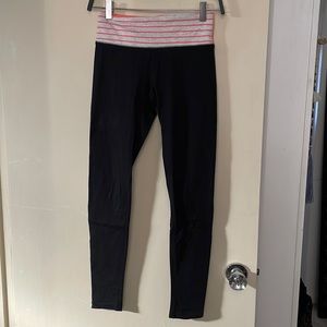 Coral and Grey Band High Waist Black Leggings with Small Pocket
